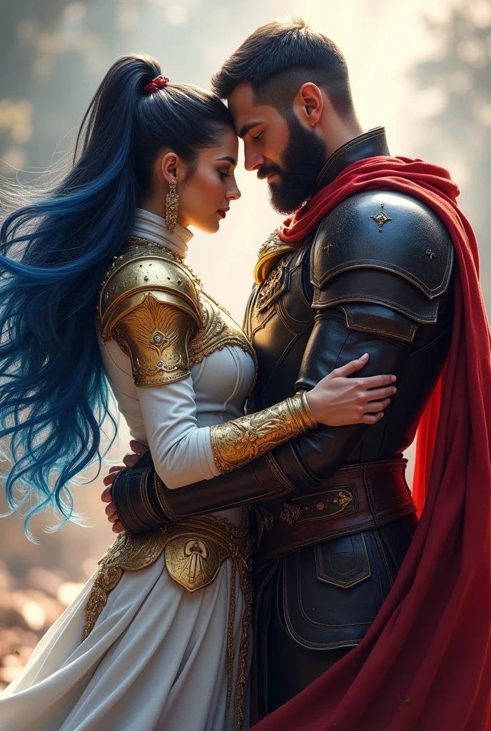 a warrior and a warrioress. they are embraced and linked by battle the woman has white and gold armor the man has black armor with red. they won the war after a great battle. she has blue highlights in her long black hair and he has red highlights in his black hair. the man is big and strong. he has a medium beard