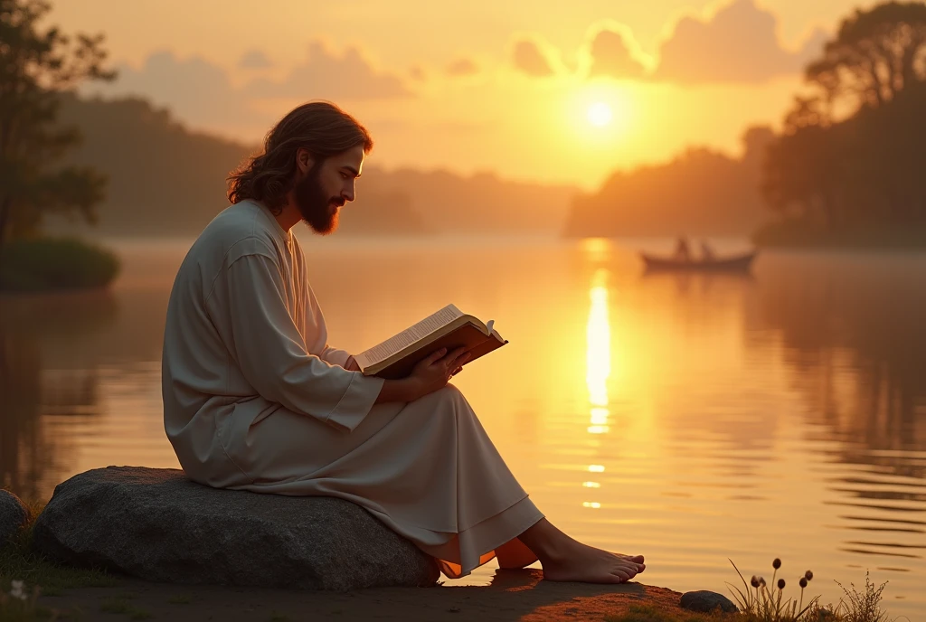"Imagine a serene scene, at dawn, by the edge of a calm lake. Jesus, with a loving and radiant presence, is sitting on a stone, holding an open Bible. The rays of the newborn sun shine softly on the pages of the Bible, illuminating verses full of wisdom and hope. Jesus smiles gently, transmitting peace and compassion, while his serene gaze invites everyone around him to come closer and hear his words full of life and grace. In the background, the calm waters reflect the golden sky, creating an atmosphere of deep love and spirituality."