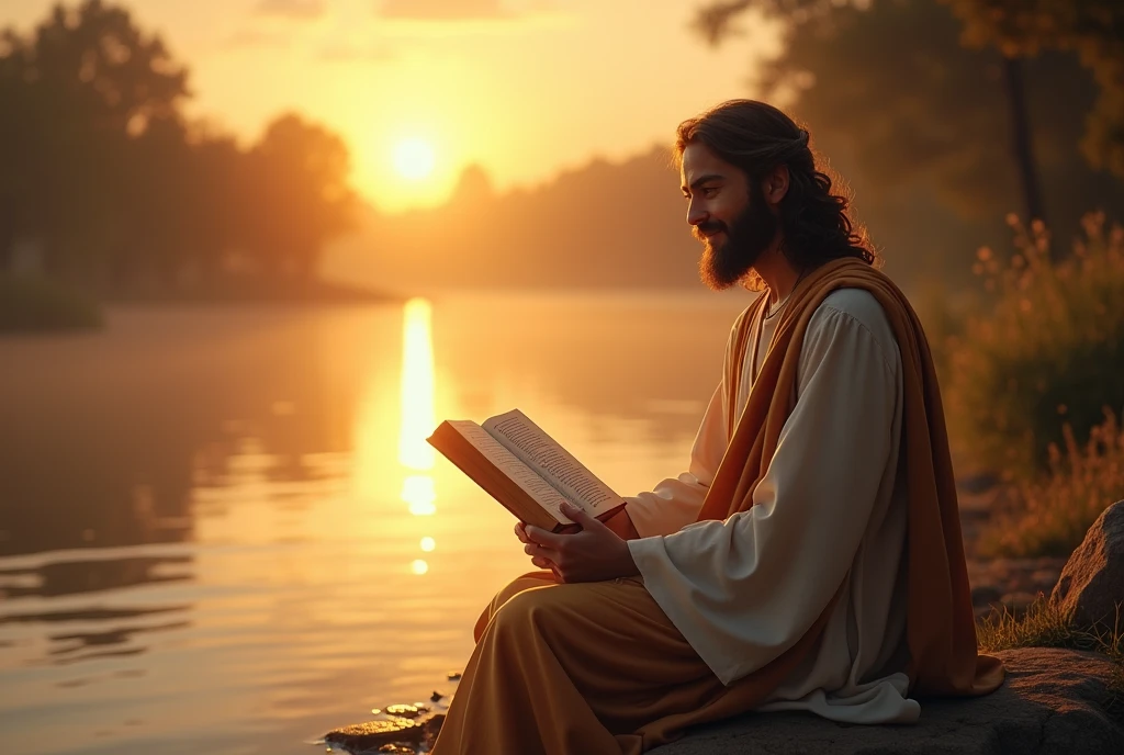 "Imagine a serene scene, at dawn, by the edge of a calm lake. Jesus, with a loving and radiant presence, is sitting on a stone, holding an open Bible. The rays of the newborn sun shine softly on the pages of the Bible, illuminating verses full of wisdom and hope. Jesus smiles gently, transmitting peace and compassion, while his serene gaze invites everyone around him to come closer and hear his words full of life and grace. In the background, the calm waters reflect the golden sky, creating an atmosphere of deep love and spirituality."






