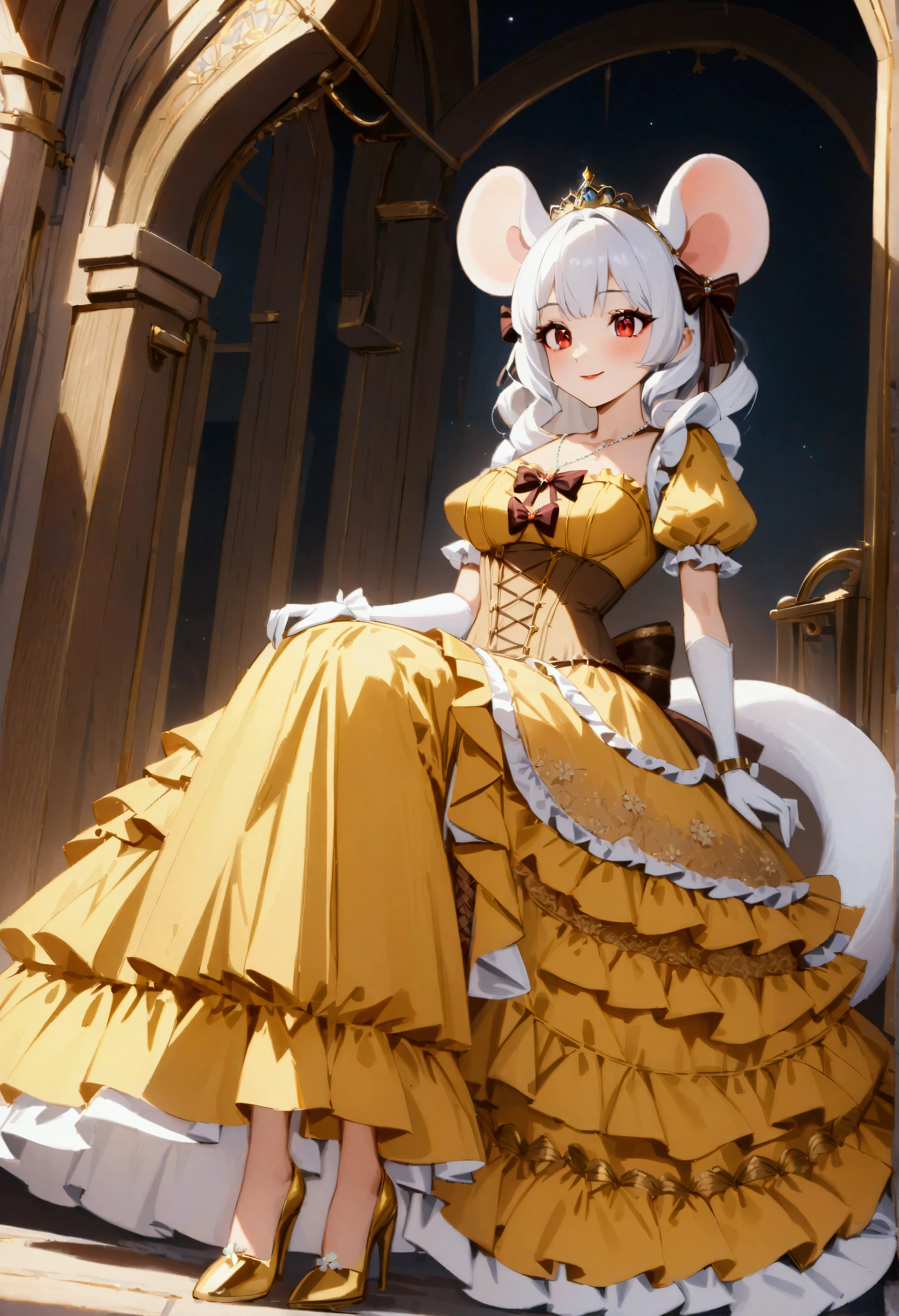 (best quality,4k,8k,highres,masterpiece:1.2), ultra-detailed, Pretty anthropomorphic mouse girl has a princess, drawn in anime style, steampunk, wearing a yellow princess mermaid gown with puffy sleeves, steampunk, gorgeous frilly dress design,flowing gown,elaborate lace details,rich textures,contrast stitching,delicate ribbon bows,floral accents, flowers embroidery, full skirt,short sleeves,fitted waistline,flared cuffs,lace-up back,luxurious fabrics,flawless silhouette, long curly white hair and red eyes, white fur, smiling, mouse ears and tail, high heels, white elbow gloves, gold bracelets, tiara made of seashells, red lipstick, eyeshadow, seashell necklace, sitting elegantly on a throne.