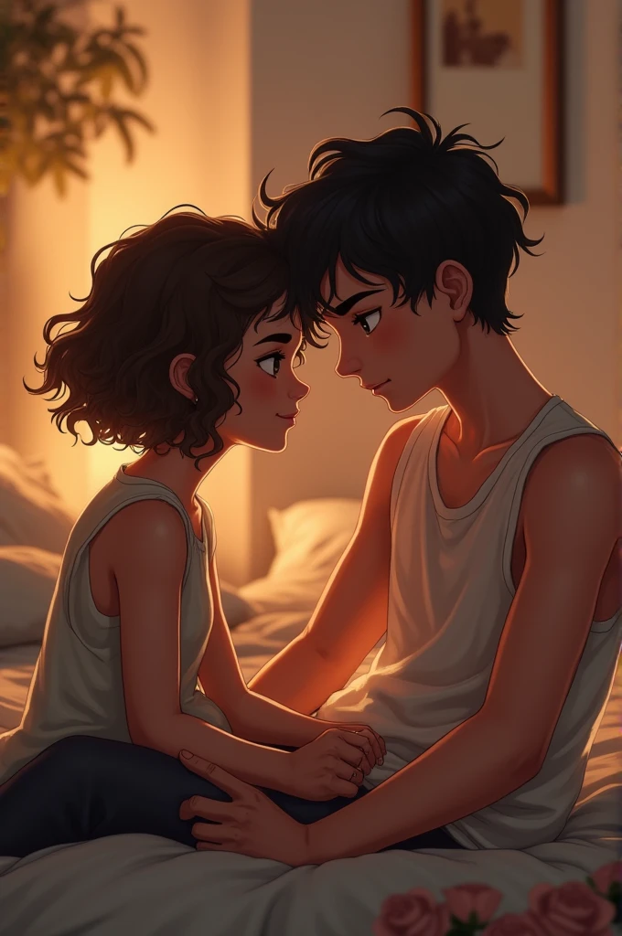 boyfriends, girl with short curly hair and skinny boy in tank top with eyebrow piercing 