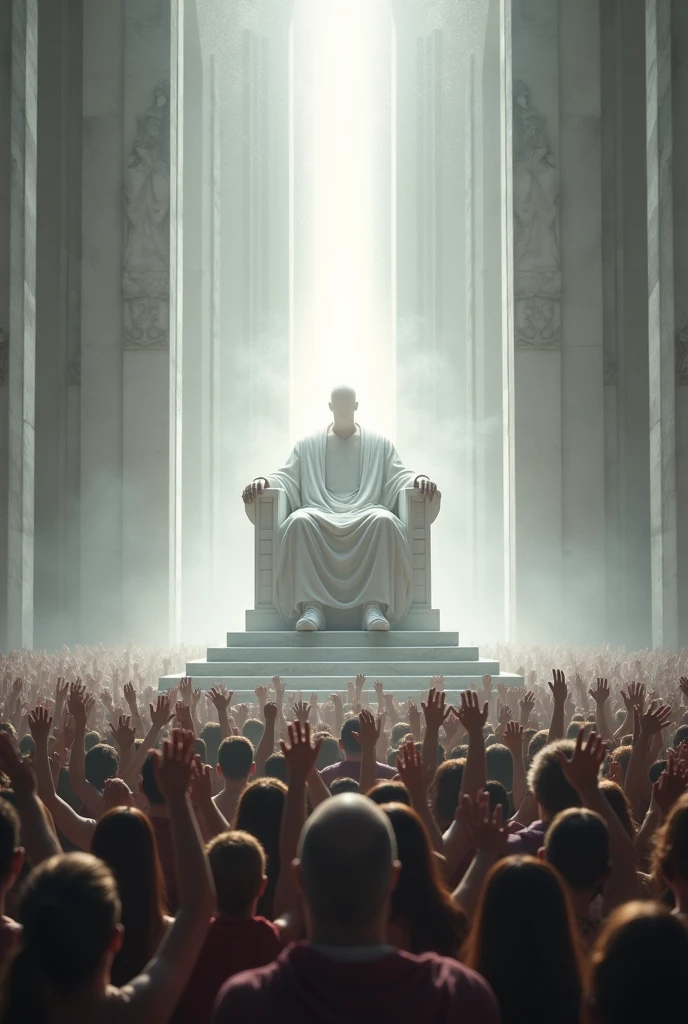 Large White Marble Throne Straight Seated Man, in place of the head a strong light From beneath the throne thousands of people with raised hands many more people Head of radiant light very strong light