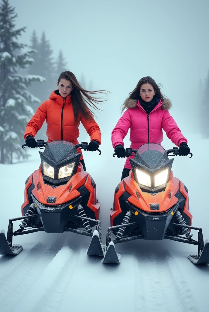 Two hot 30 years girls in icy, driving on snow quads, wearing just tiny neon clothes