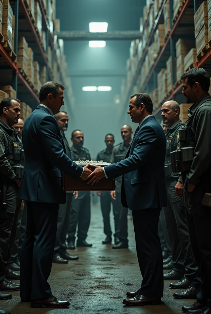 Businessmen giving a payment to some mercenaries in a warehouse