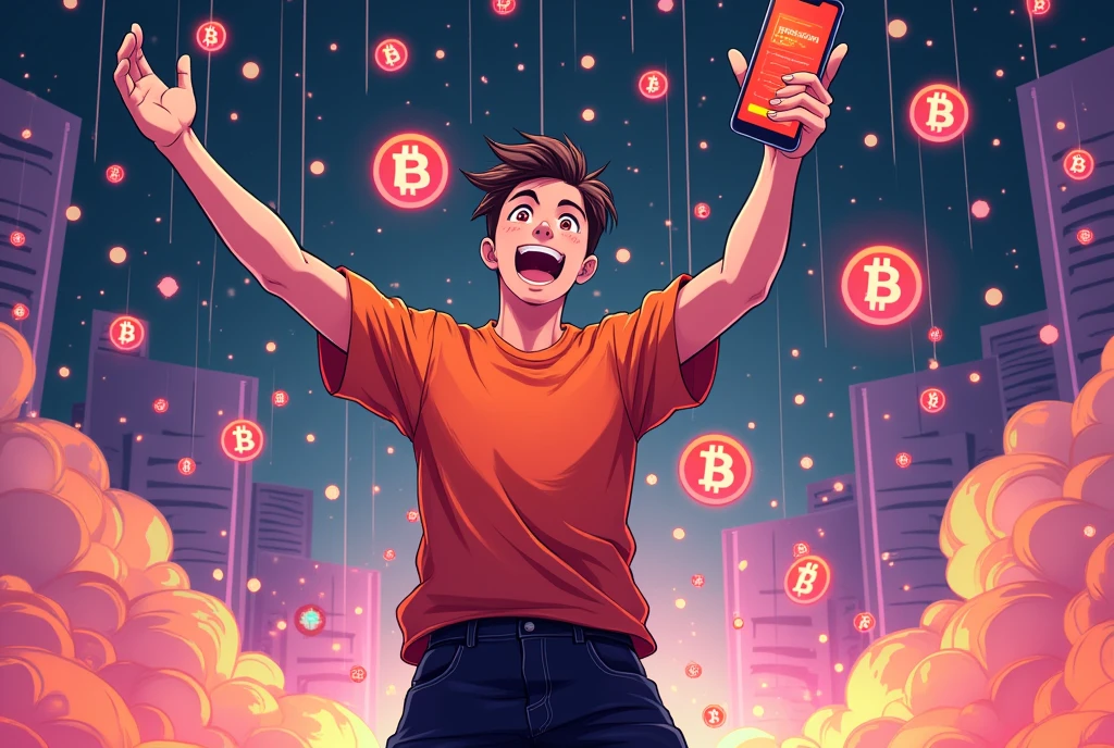 A full body image of a man jumping for joy in the style of a Japanese anime character illustration、Pink eyes and short hair、orange t-shirt, black shorts。In the center is a man holding a smartphone and opening his hands in the air..。Your smartphone is lighting up with an AirDrop notification.。Several cryptocurrency icons are shown falling from the sky like digital raindrops.、「Airdrop Addiction 」Expressing。 Ao redor dela、Floating currency、token、The background is filled with Bitcoin symbols.、Vibrant、Creates an almost chaotic atmosphere.。The color palette includes neon brown、purple、Green is used、Reminiscent of a futuristic digital world。