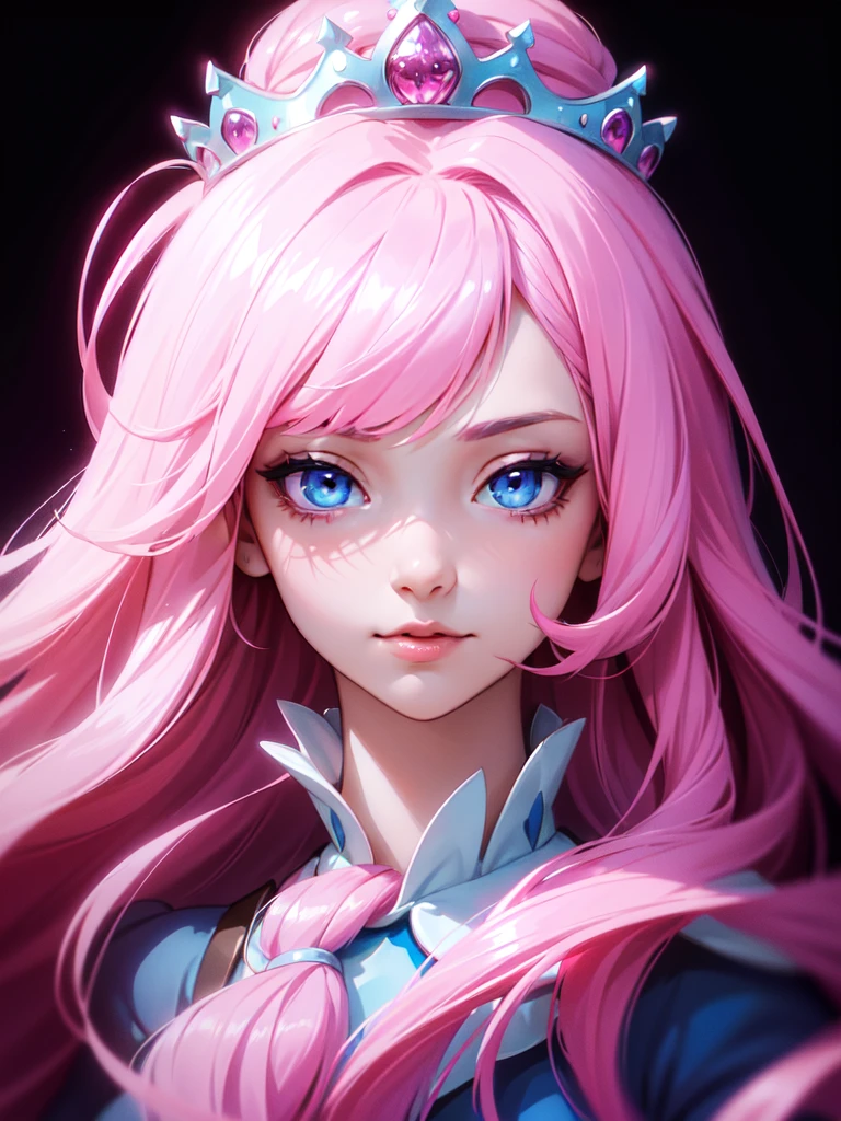 (((Portrait Photo))), She has a Radiant and Elegant Appearance of a 1, she has long pink hair like a cotton candy, mesmerizing blue eyes, small nose, she wearing a princess dark pink dress, she in her castle. (((High Quality, Dark Background))), (((Portrait)))