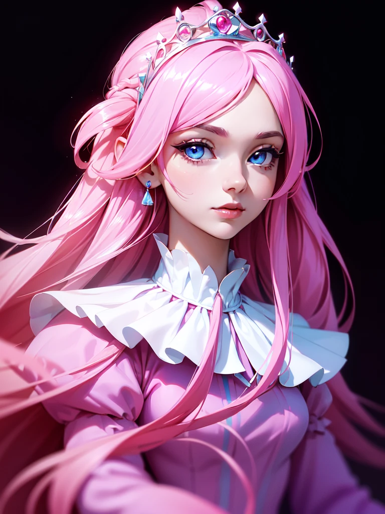 (((Portrait Photo))), She has a Radiant and Elegant Appearance of a 1, she has long pink hair like a cotton candy, mesmerizing blue eyes, small nose, she wearing a princess dark pink dress, she in her castle. (((High Quality, Dark Background))), (((Portrait)))