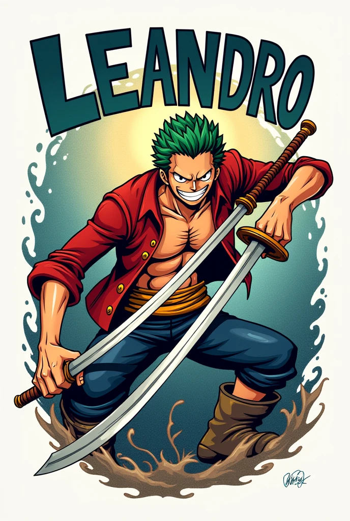 I need a shirt with the name Leandro With a drawing of Roronoa Zoro from One Piece