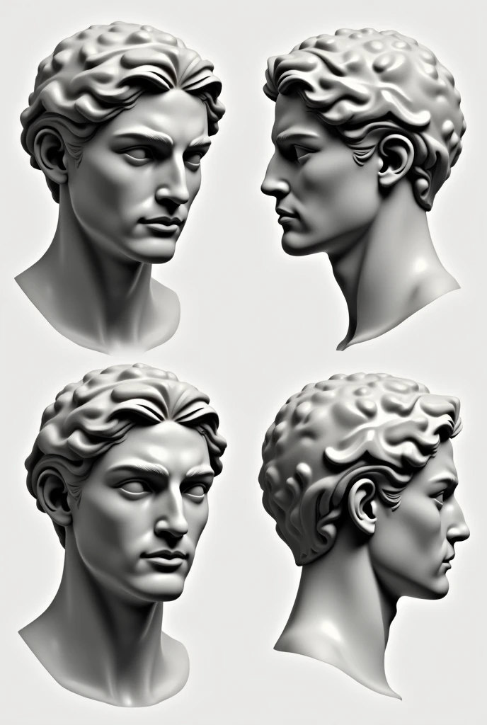 je veux le visage de la sculpture de un des plus beau dieu grec(masculin) quand il est jeune de 4 vues: objectif , profile, trois quart et derriere,