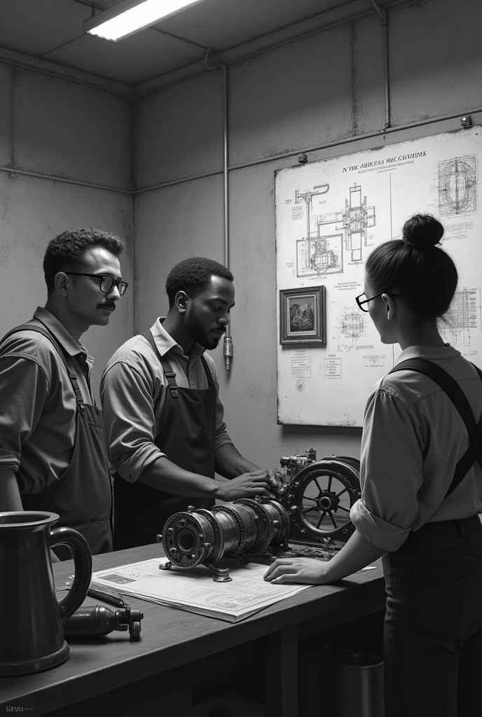Realistic black and white photography.
The photo takes place in the year.
containing 3 mechanics in a workshop.
Ao fundo da foto, there are mechanical drawings hanging on the wall.
There is also a small painting on the wall, with the phrase "in the order of Melchizedek."
One of the mechanics has a mustache and wears round glasses..
the second mechanic is black.
the third mechanic is a woman with glasses and tied up hair.
Everyone is looking at the picture while working on a piece.