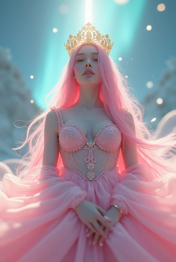 (masterpiece,Distinguished Quality,Mirror-like,Cinematic Experience,insanely detailed,absurdres),8k,wallpaper,(Ray Tracing),1 female,,Beautiful Shii Women,(God the Lady of Light is floating in the air:2.0),(front:2.0),(A body with a light pink dress:2.0),BREAK(pink Hair,a gold crown:2.0),(White skin,pink lips:2.0),Portrait of a goddess,(god々Shii:2.0),(fantasy digital art:2.0),(Upper body close-up:2.0),(super sexy:2.0),(Diffuse reflection of light:2.0),BREAK(The background is the beautiful blue Aurora:2.0),(Beautiful face,Detailed face,Beautiful skin texture:1.3,Beautiful Hair),(Detailed hands:2.0),(Beautiful hands:2.0)