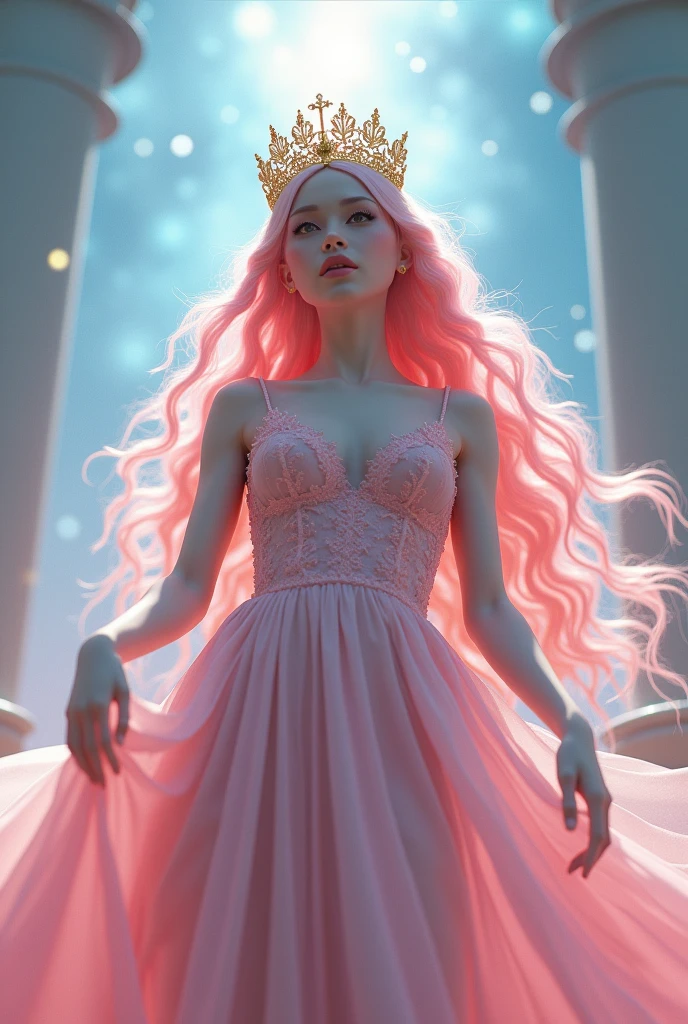 (masterpiece,Distinguished Quality,Mirror-like,Cinematic Experience,insanely detailed,absurdres),8k,wallpaper,(Ray Tracing),1 female,,Beautiful Shii Women,(God the Lady of Light is floating in the air:2.0),(front:2.0),(A body with a light pink dress:2.0),BREAK(pink Hair,a gold crown:2.0),(White skin,pink lips:2.0),Portrait of a goddess,(god々Shii:2.0),(fantasy digital art:2.0),(Upper body close-up:2.0),(super sexy:2.0),(Diffuse reflection of light:2.0),BREAK(The background is the beautiful blue Aurora:2.0),(Beautiful face,Detailed face,Beautiful skin texture:1.3,Beautiful Hair),(Detailed hands:2.0),(Beautiful hands:2.0)