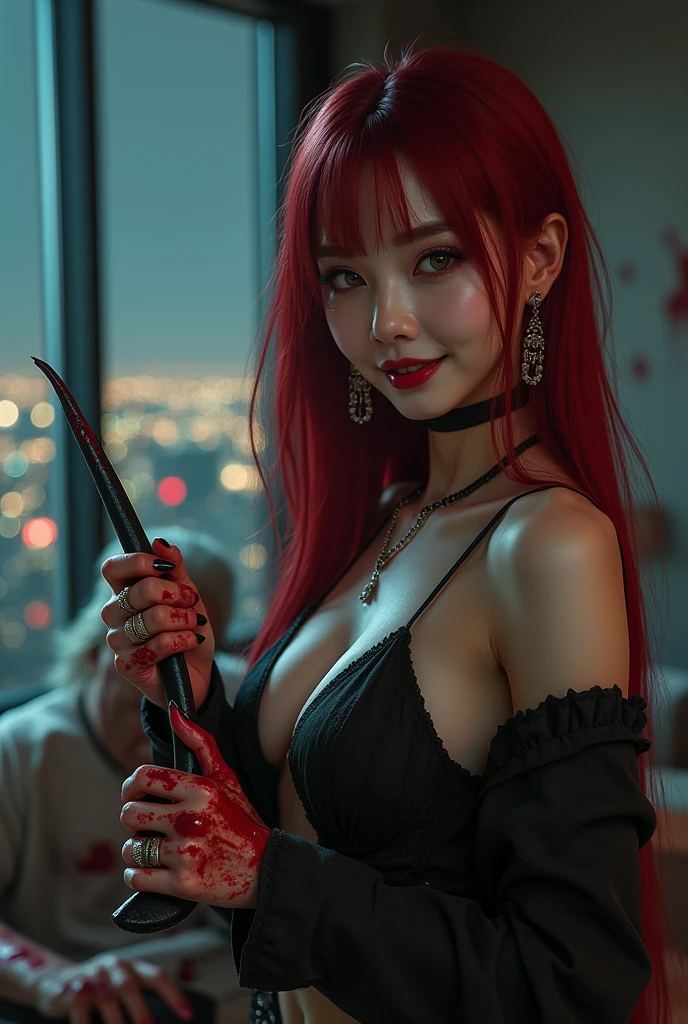 (((photorealistic:1.4))), ultra realistic, pores, (((masterpiece))),high quality, ultra details, realistic white skin beautiful face pretty korean idol adult smilling bloody woman showing very long sharp black shiny fingernails, holding whipbull on hand, model, very pretty, vein on hands, wearing sexy outfit, ring on fingers, long pink hair,  long earrings, big necklace, standing next to painful expression of realistic ugly old man tied up on the post with throat ripped, blood splatter everywhere, extreme gore, looking at camera, high post, night, torture room with torture device on the table