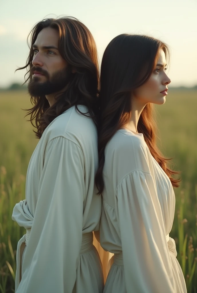 An image with Jesus, both of us back to back and in white in a field, I'm a brunette with straight hair and curls at the ends., my hair is very black