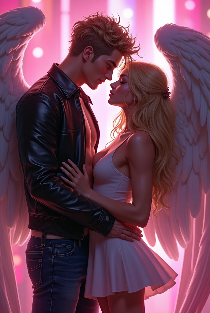 A blonde girl has her arms crossed around the neck of a boy who is an Angel who has his hands on her waist, She has a short dress and he has a leather jacket, They are in a disco and the boy is strong, you can even see his shoes