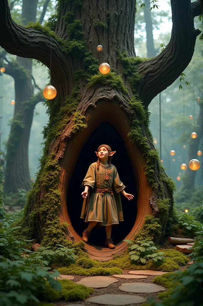 an enchanted forest themed float with an elf coming out of a tree