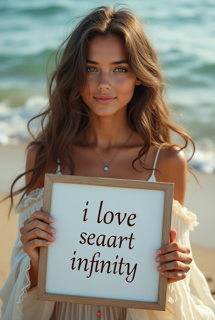 Beautiful girl with wavy long hair, bohemian dress, holding a white board with text "I Love Seaart Infinity" and showing it to the viewer