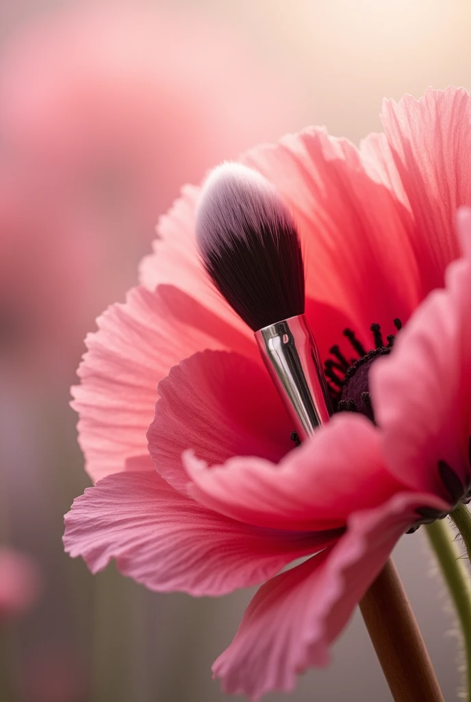makeup brush between a pink poppy flower