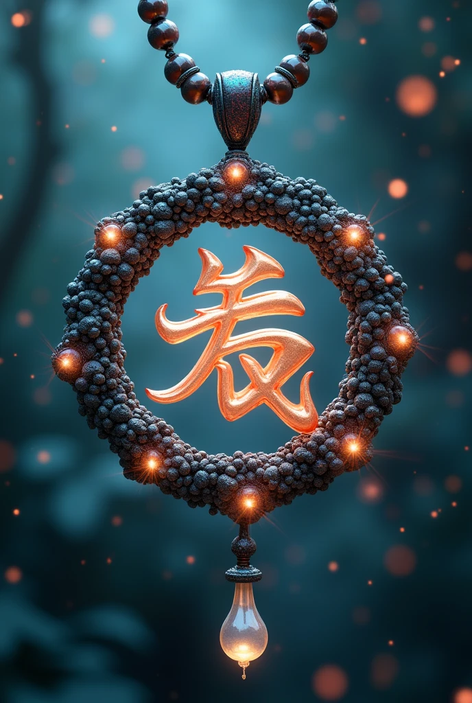 Generates the word tian in Chinese while holding a beaded necklace in the shape of a tattoo