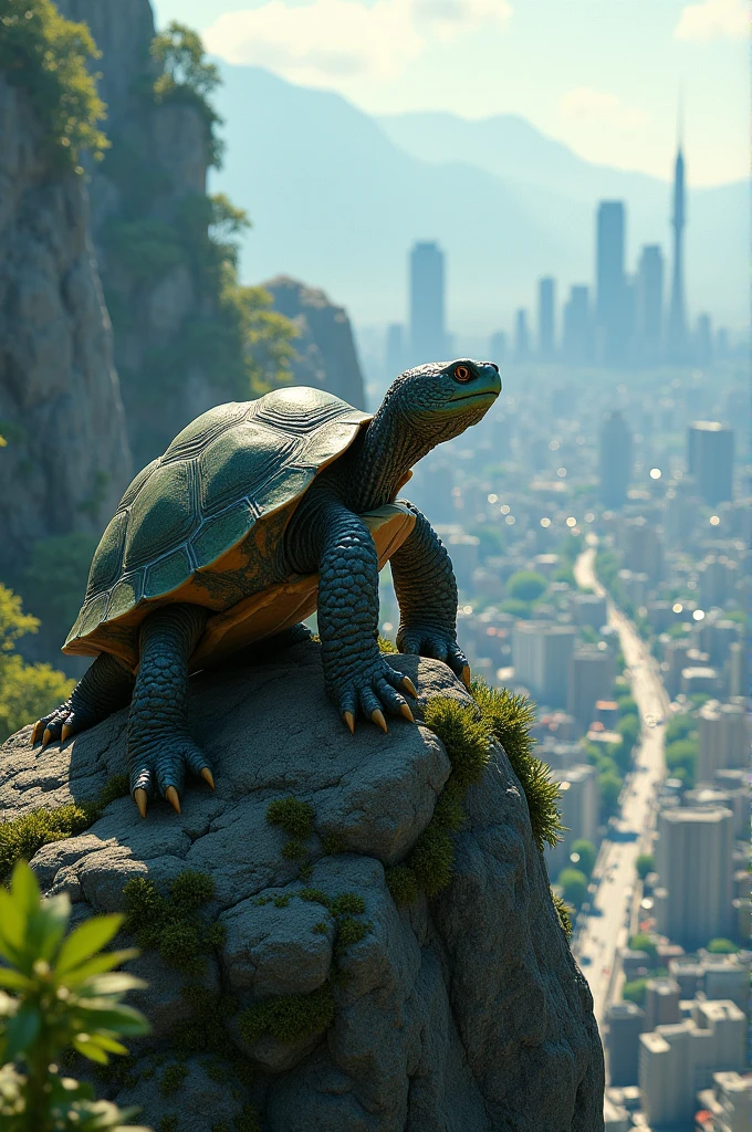Mr. Turtle sitting on a mountain looking at the city