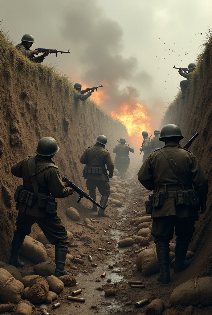 A drawing where soldiers are fighting in a trench