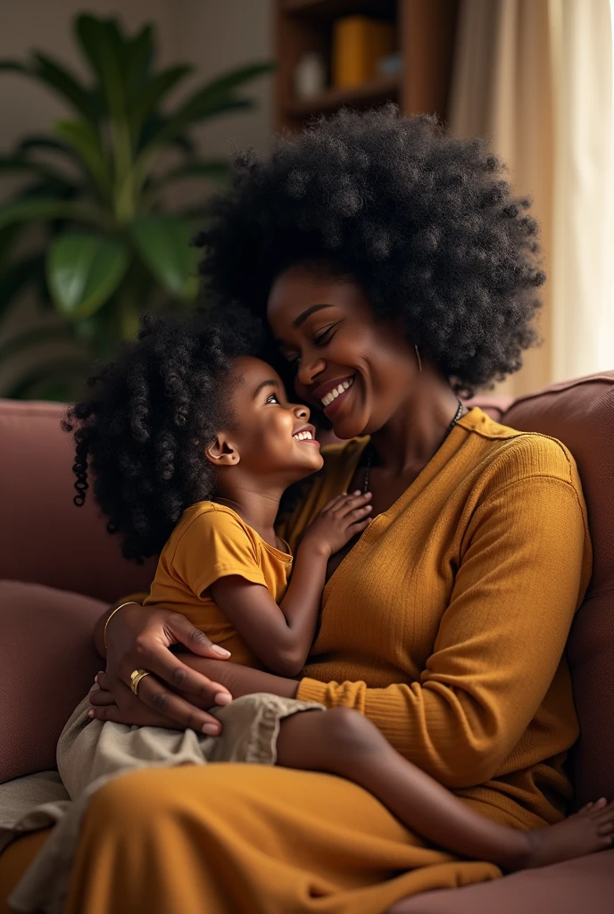 Create an image of a  black girl with black power hair sitting on the lap of her hot black grandmother with black power hair sitting on the couch at home