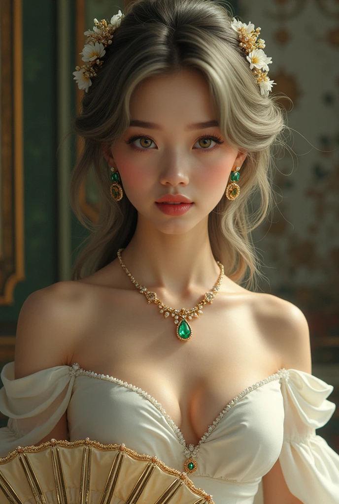 Tea-colored hair。Heavenly Eyes。A sophisticated white dress。Princess Line。Emerald and pearl jewelry。A gorgeous fan。noble。daughter。first time々A lovely and beautiful girl。debutante。society。