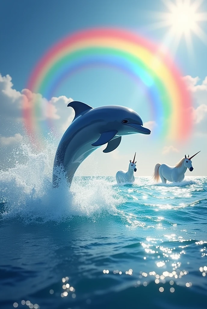 Make a dolphin jumping out of the water with rainbows and unicorns happy 