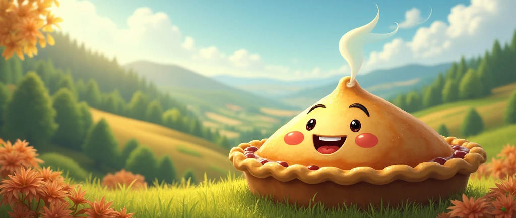 happy smiling pie on a beautiful landscape background