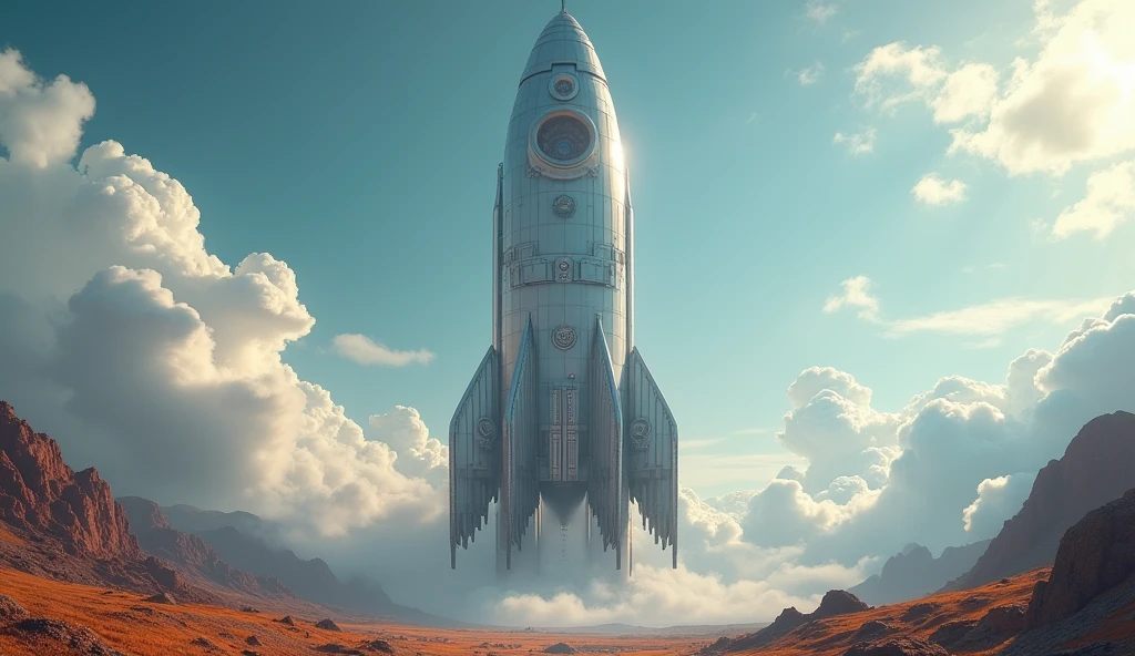 a vertical rocket-shaped castle, the castle rising into the sky, lift off, cinematic, 8k, photorealistic, intricate details, dramatic lighting, fantasy, vibrant colors, dramatic clouds, futuristic, sci-fi, mechanical, grand scale, epic, masterpiece