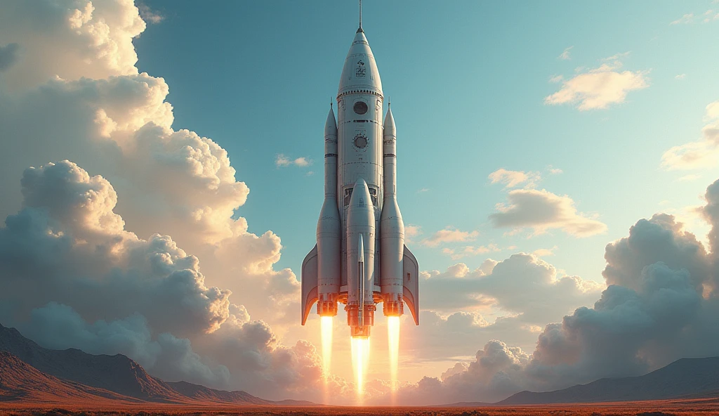 a vertical rocket-shaped castle, the castle rising into the sky, lift off, cinematic, 8k, photorealistic, intricate details, dramatic lighting, fantasy, vibrant colors, dramatic clouds, futuristic, sci-fi, mechanical, grand scale, epic, masterpiece