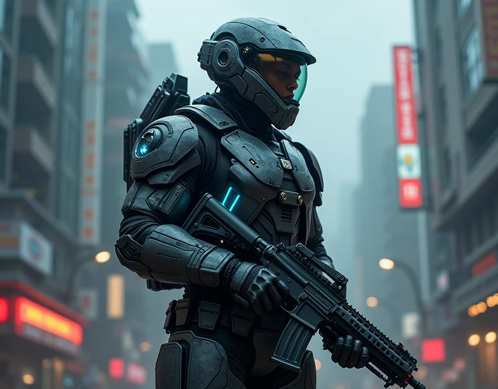 A futuristic soldier stands in a high-tech combat suit with sleek armor plating. The armor is a combination of dark metallic tones with glowing blue accents, indicating advanced energy systems embedded within. The helmet has a transparent visor with heads-up display graphics visible, and the soldier holds a high-tech weapon, perhaps a plasma rifle, with intricate details. The background is a dystopian urban landscape with towering skyscrapers, neon lights, and a dark, cloudy sky. The soldier’s posture is poised and ready for action, exuding strength and determination