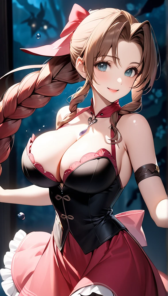 (((masterpiece))),((Highest quality)),Beautiful girl, Aerith, Sexy witch, bangs、(Long Hair, Braided ponytail:1.5)、(((huge firm bouncing bust, Deep cleavage)))、2、Translucent white skin, Japanese girl、 Beautiful digital artwork, Beautiful fantasy art, dynamic sely poses, A kind smile, Mysterious Background, A gentle gaze,ビキニ