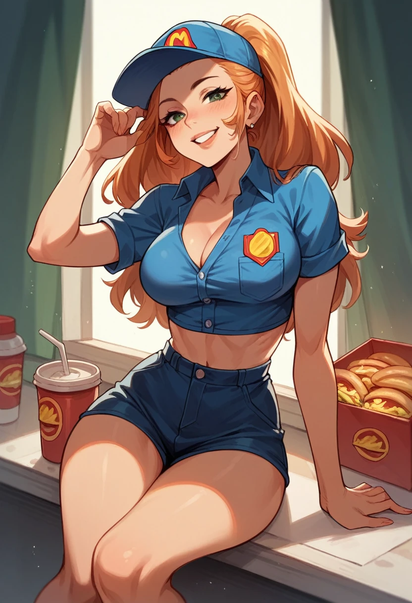 A ???? McDonald's cashier dressed in black work uniform-type clothes, posing ???? at a counter 