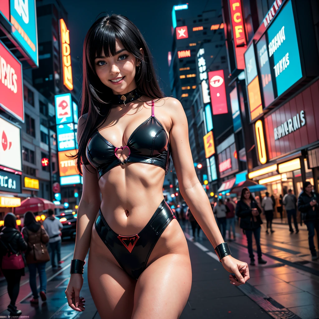 Crimson Comet Amid Neon Nightscape: An individual struts towards us on a pulsating neon-lit street. She is wearing a scintillating ruby-red latex dress form-fitted to perfection, reflecting neon signs and the city's vibrant glow. Behind her, towering neon-lit skyscrapers stretch towards the night sky with an array of iridescent lights from numerous windows, painting a breathtaking panorama of a lively metropolis at sundown.