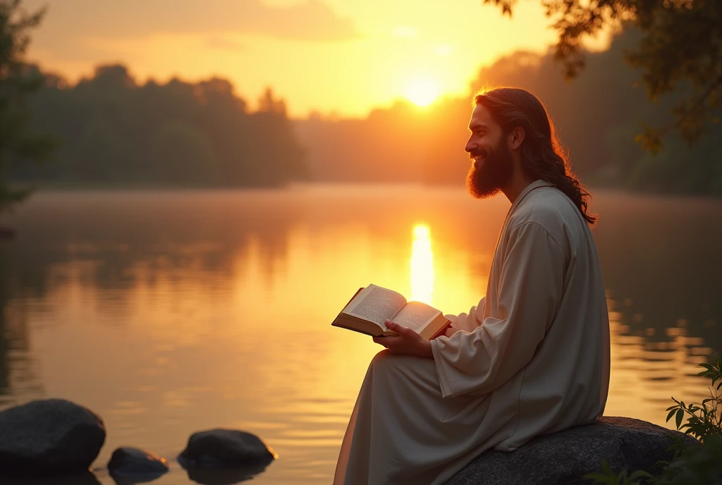 "Imagine a serene scene, at dawn, by the edge of a calm lake. Jesus, with a loving and radiant presence, is sitting on a stone, holding an open Bible. The rays of the newborn sun shine softly on the pages of the Bible, illuminating verses full of wisdom and hope. Jesus smiles gently, transmitting peace and compassion, while his serene gaze invites everyone around him to come closer and hear his words full of life and grace. In the background, the calm waters reflect the golden sky, creating an atmosphere of deep love and spirituality."