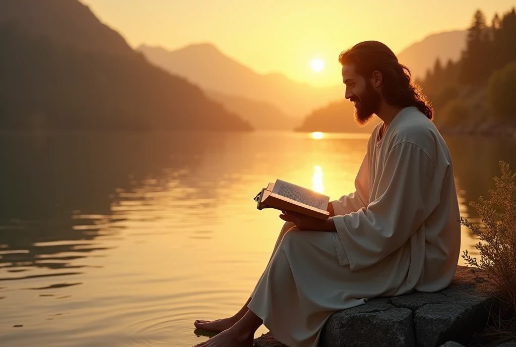 "Imagine a serene scene, at dawn, by the edge of a calm lake. Jesus, with a loving and radiant presence, is sitting on a stone, holding an open Bible. The rays of the newborn sun shine softly on the pages of the Bible, illuminating verses full of wisdom and hope. Jesus smiles gently, transmitting peace and compassion, while his serene gaze invites everyone around him to come closer and hear his words full of life and grace. In the background, the calm waters reflect the golden sky, creating an atmosphere of deep love and spirituality."






