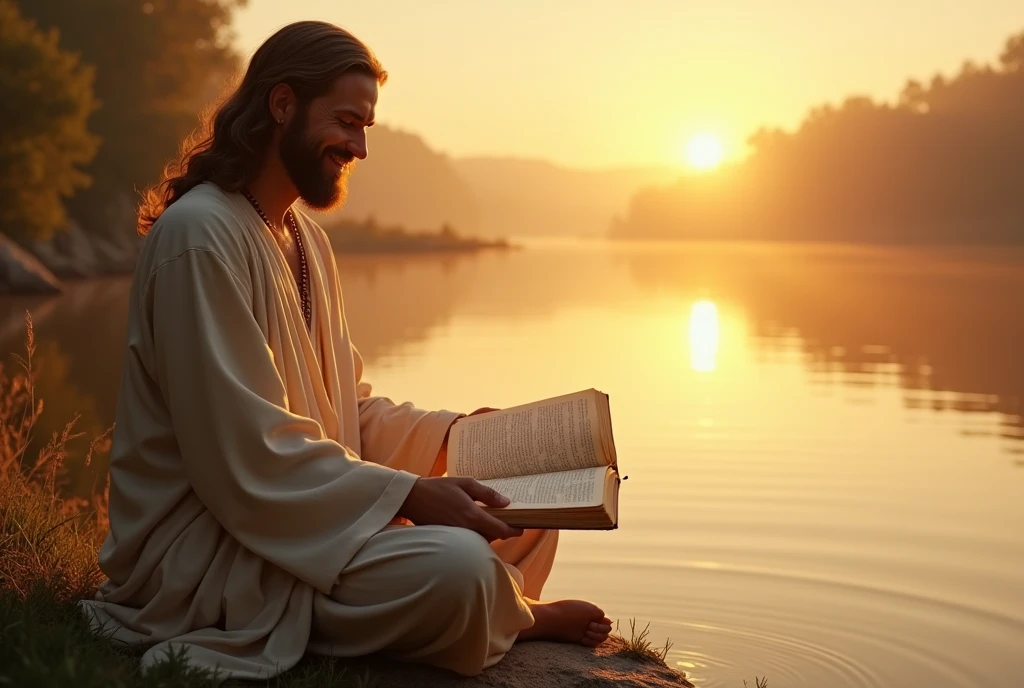 "Imagine a serene scene, at dawn, by the edge of a calm lake. Jesus, with a loving and radiant presence, is sitting on a stone, holding an open Bible. The rays of the newborn sun shine softly on the pages of the Bible, illuminating verses full of wisdom and hope. Jesus smiles gently, transmitting peace and compassion, while his serene gaze invites everyone around him to come closer and hear his words full of life and grace. In the background, the calm waters reflect the golden sky, creating an atmosphere of deep love and spirituality."






