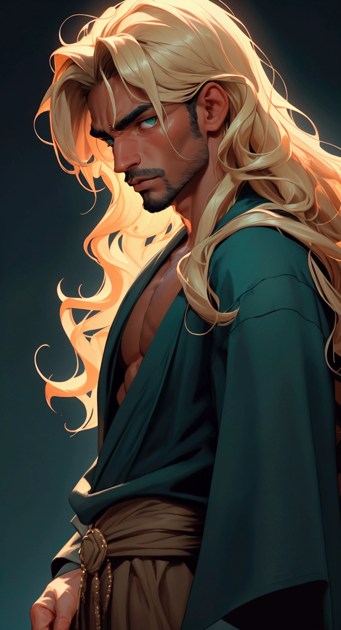 envision a 8k, highres, cinematic close up portrait of an man named Shaddiq Zenelli with a strong face, dark tan skin, sleek body, no facial hair with long wavy blonde hair, and dark green eyes wearing a open blue robe showing his chest and baggy sweatpants against a dark gray background