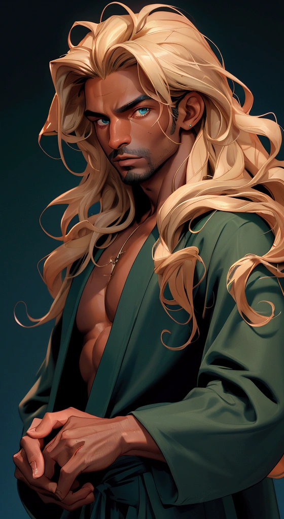 envision a 8k, highres, cinematic close up portrait of an man named Shaddiq Zenelli with a strong face, dark tan skin, sleek body, no  hair with long wavy blonde hair, and dark green eyes wearing a open blue robe showing his  and baggy sweatpants against a dark gray background
