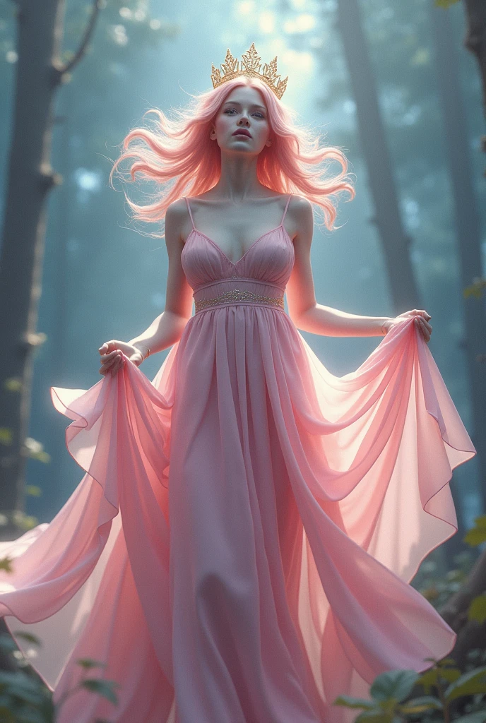 (masterpiece,Distinguished Quality,Mirror-like,Cinematic Experience,insanely detailed,absurdres),8k,wallpaper,(Ray Tracing),1 female,,Beautiful Shii Women,(God the Lady of Light is floating in the air:2.0),(front:2.0),(A body with a light pink dress:2.0),BREAK(pink Hair,a gold crown:2.0),(White skin,pink lips:2.0),Portrait of a goddess,(god々Shii:2.0),(fantasy digital art:2.0),(Upper body close-up:2.0),(super sexy:2.0),(Diffuse reflection of light:2.0),BREAK(The background is the beautiful blue forest:2.0),(Beautiful face,Detailed face,Beautiful skin texture:1.3,Beautiful Hair),(Detailed hands:2.0),(Beautiful hands:2.0)
