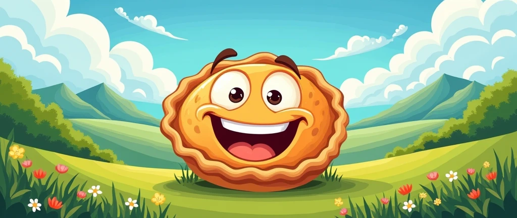 happy smiling pie on a beautiful landscape background, the most drawn animated pie