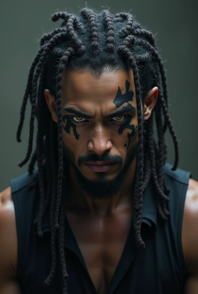 1 athletic man with two red eyes, the left eye has the kanji visible (superior) ((superior弦)) ((superior)) marked in the pupil of the left eye, the right eye has the Kanji visible (five ) ((five)) ((5)) marked in the pupil of the right eye. L'homme à un regard cruel et fou, he has dreadlocks, he wears a black sleeveless jacket