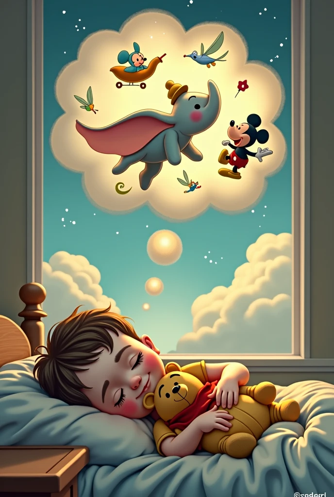 a square, where n lower left corner, á uma cama com uma criana dormindo on top of it, This child has a smile on his face and is holding onto Winnie the Pooh. on top of it, a little ways away there is a thought bubble, that inside this balloon this same child is flying with Dumbo, little bell, mickey and genie lamp