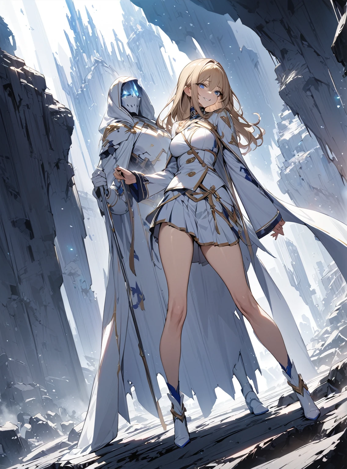 (Standing painting: 1.2) + (1girl:1.5)+ golden hair + princess cut + white knight uniform + detailed eyes and nose + deep blue eyes +  white knight uniform,white clothes with blue line,medium pleated skirt,white long boots ,masterpiece, best quality,evil smile,holy,adult,full body,dynamic angle,dynamic pose,crystal cave background,dark place,cave,ruin,thin leg,((slender)),