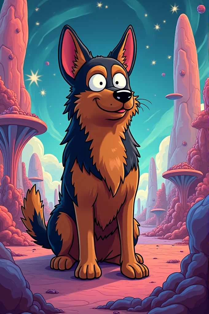 I would like to create a Rick and Morty type cartoon of my brown and black German shepherd dog