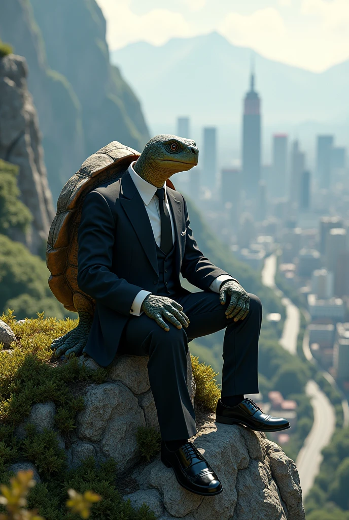 Mr. Turtle in a stylish black suit sitting on a mountain looking at the city
