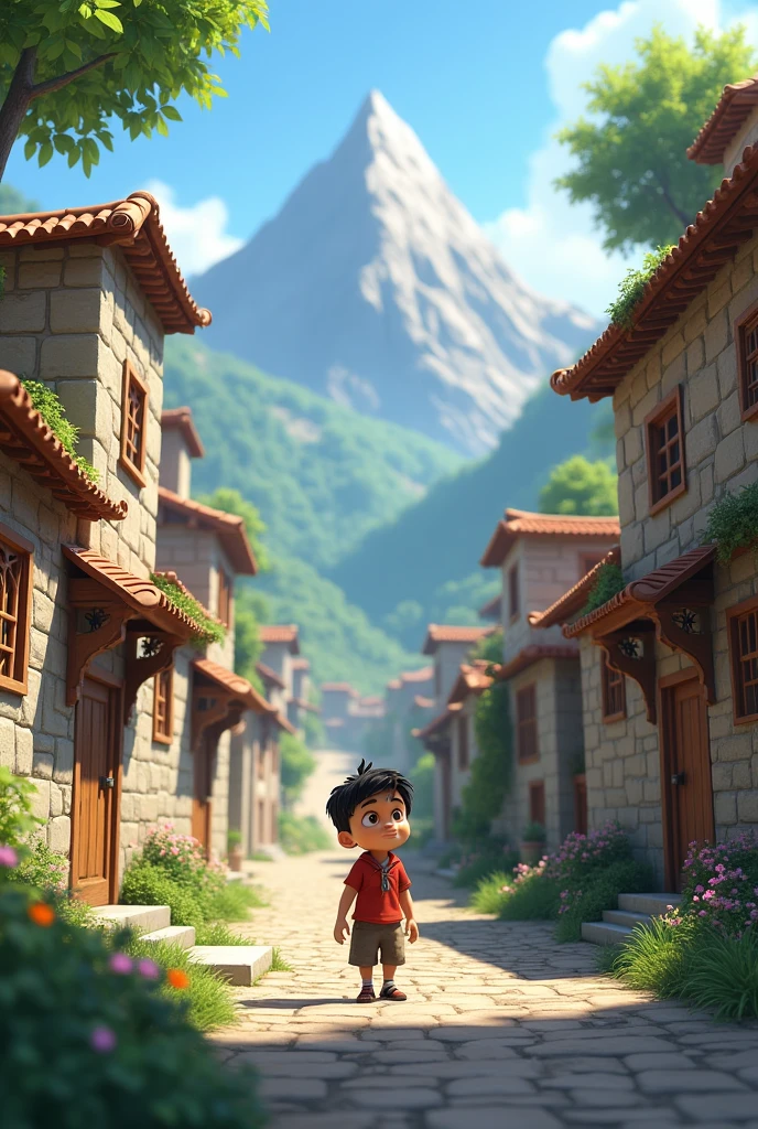 1. **Mountain Village with a Dreaming Boy**: A peaceful mountain village with traditional stone houses. A young boy named Ali is gazing up at a towering mountain nearby, his eyes filled with determination and wonder.3d animate
