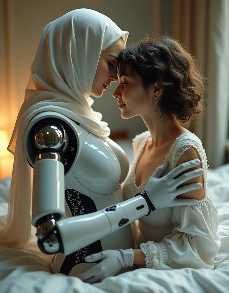 mommy robot wearing hijab, big breasts, white body, robot arms, playing with ager on the bedroom and wearing glove latex