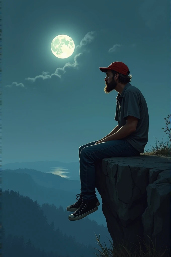 A tall man, Scrawny, brownhair, short beard, Red cap, jeans, dark gray shirt, Black Sneakers, sitting on the edge of a cliff watching the moon